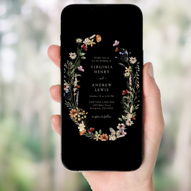 Black Boho Floral Wedding Invitation (Front Digital)