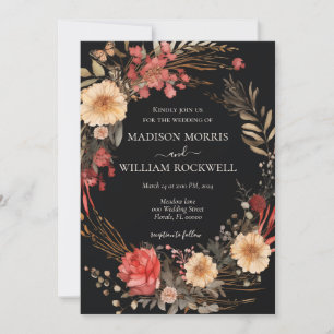 Black Boho Floral Wedding Invitation Elegant Chic