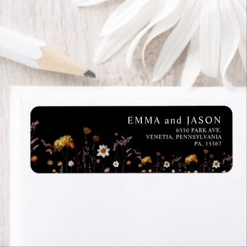 Black Boho Floral Wedding return address labels