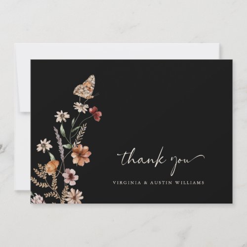 Black Boho Floral Wedding Thank You Card