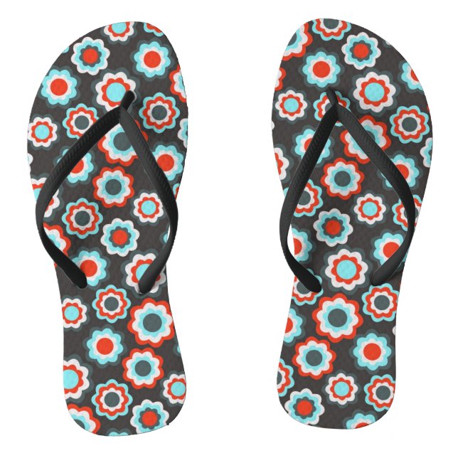 Black Boho Flower Pattern Flip Flops (Footbed)