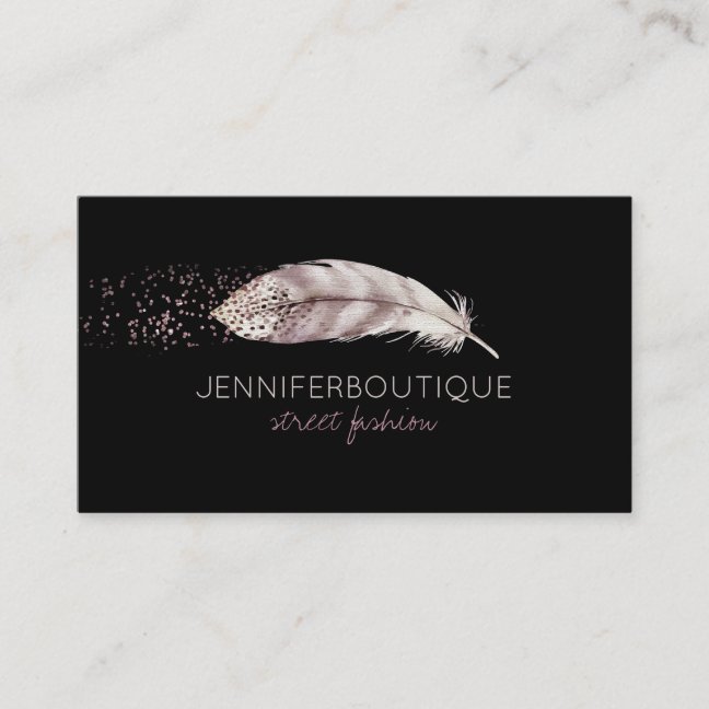 Black Boho Glitter Girly Bird Feather Business Card