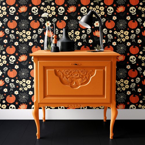 Black Boho Halloween Skulls and Pumpkins Wallpaper