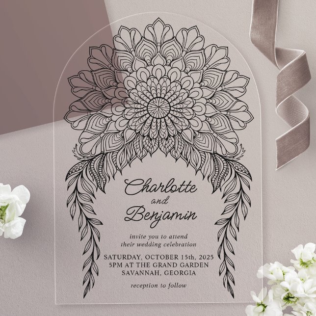 Black Boho Mandala Leafy Vine Wedding Acrylic Invitations (Creator Uploaded)