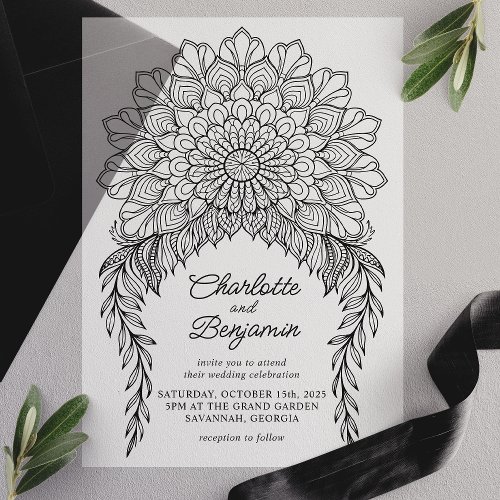 Black Boho Mandala Leafy Vine Wedding Vellum Invitations