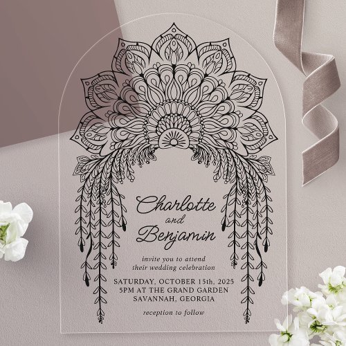 Black Boho Mandala Modern Wedding Acrylic Invitations