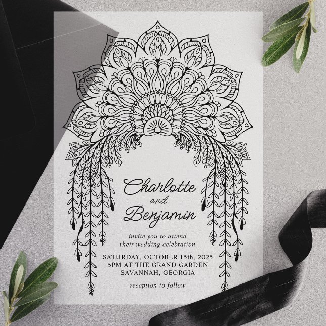 Black Boho Mandala Modern Wedding Vellum Invitations (Creator Uploaded)