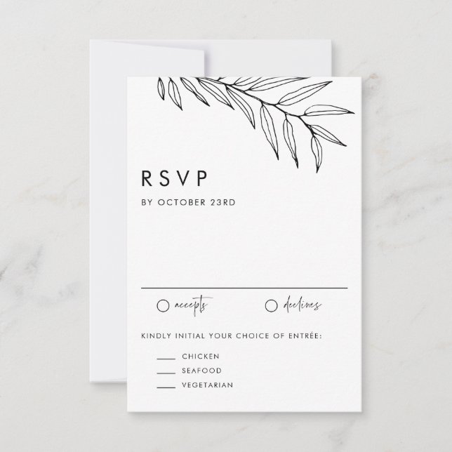 Black Boho Minimalist Foliage Wedding RSVP Card (Front)