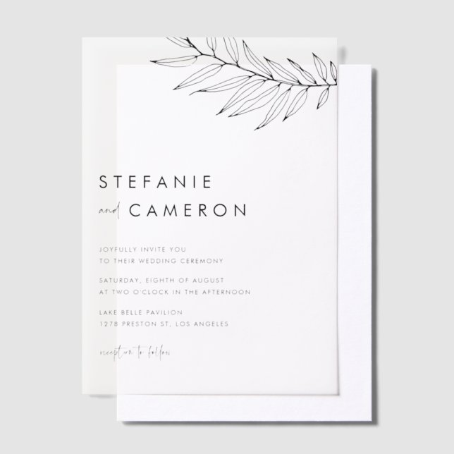 Black Boho Minimalist Foliage Wedding Vellum Invitations (Offset)