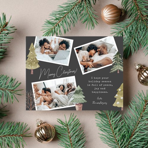 Black Boho Multiphoto Christmas Pine Tree  Holiday Postcard