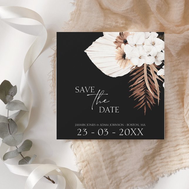 Black Boho Pampas Grass White Floral Save The Date (Creator Uploaded)