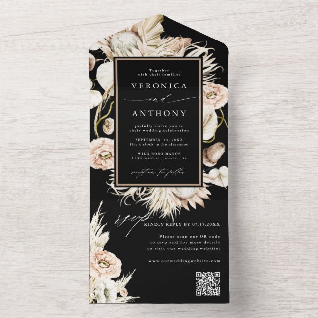 Black Boho Protea Pampas Grass Wedding QR Code  All In One Invitation (Inside)