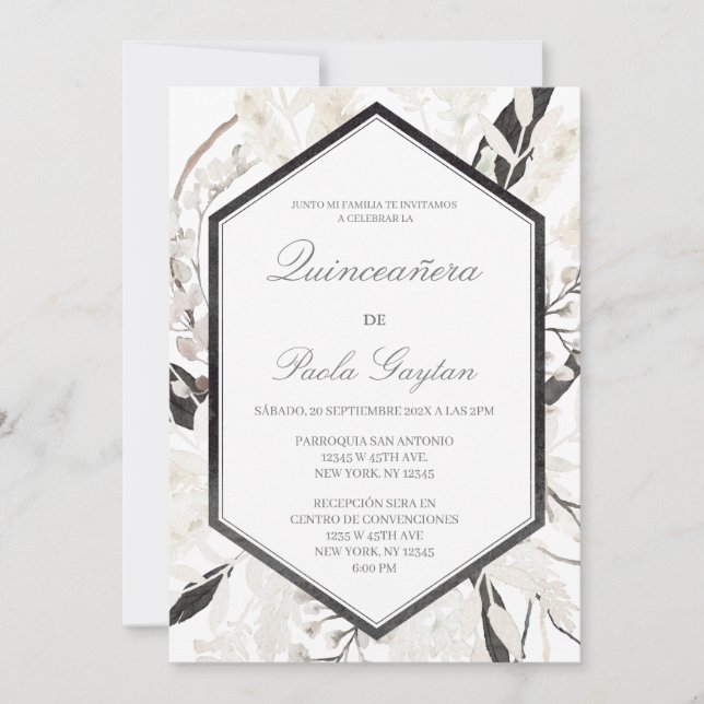 Black boho quinceañera en español invitation (Front)