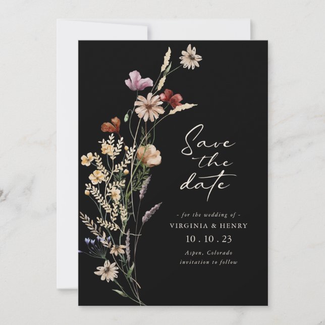 Black Boho Save The Date Flat Card (Front)