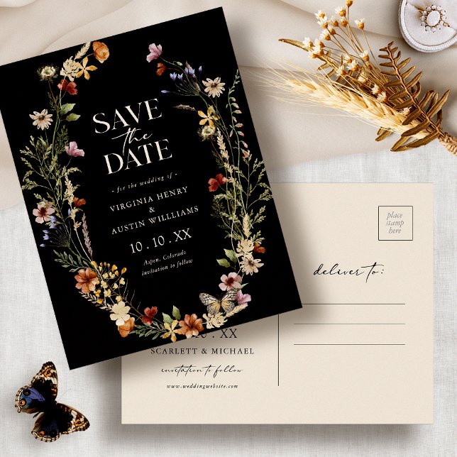 Black Boho Save The Date Postcard (Black Boho Watercolor Floral Save The Date Postcard by Painted Paperie
)