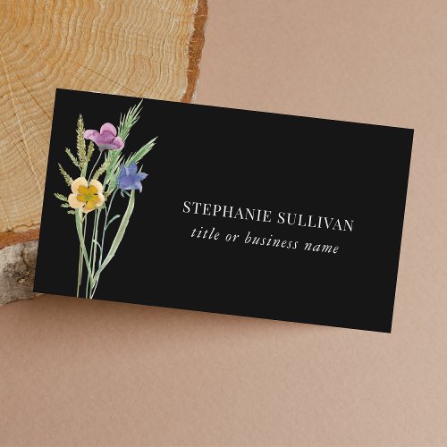 Black Boho Watercolor Wildflower Business Card