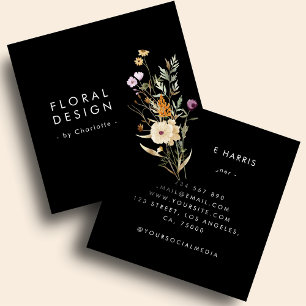 Black Boho Watercolor Wildflower Floral Designer   Square Business Card