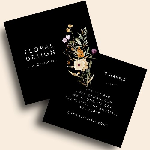 Black Boho Watercolor Wildflower Floral Designer   Square Business Card