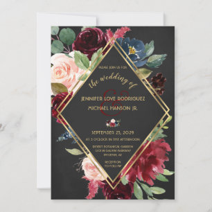Black Boho Wedding Burgundy Merlot Gold Floral Invitation