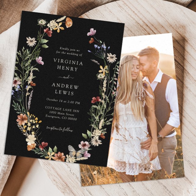 Black Boho Wedding Invitation (Moody Black Boho Floral Wedding Invitations by Painted Paperie)