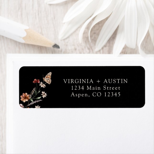 Black Boho Wedding Return Address Label (Black Boho Floral Wedding Return Address Label by Painted Paperie
)