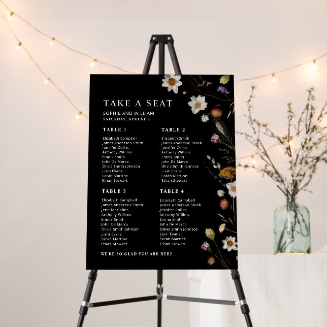 Black Boho Wildflower 4 Table Seating Chart  Foam Board (In Situ (Stand))