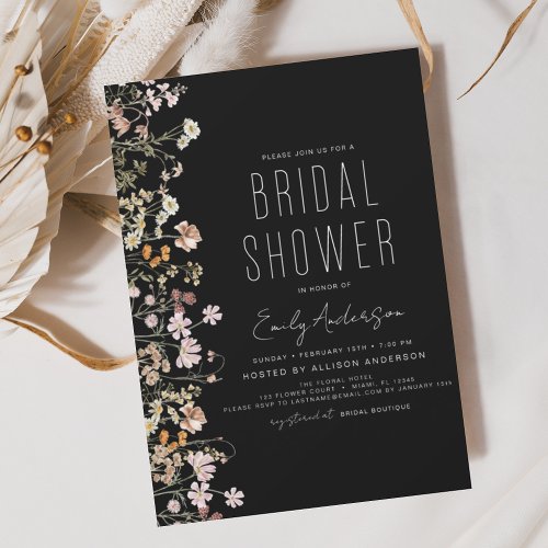 Black Boho Wildflower Bridal Shower Bloom Invitation