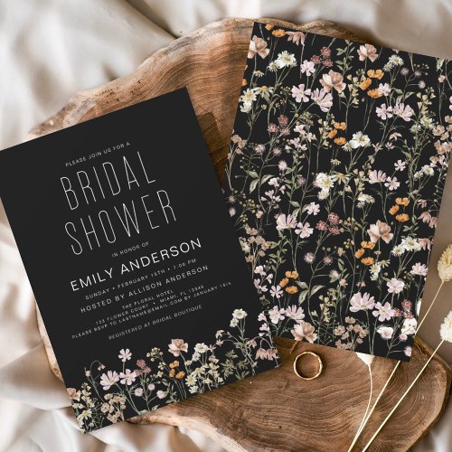 Black Boho Wildflower Bridal Shower Elegant Invitation