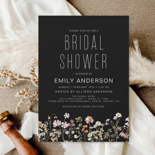 Black Boho Wildflower Bridal Shower Elegant Invitation