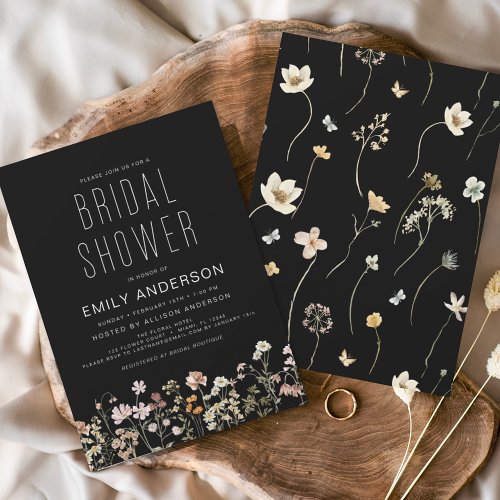 Black Boho Wildflower Bridal Shower Elegant Invitation