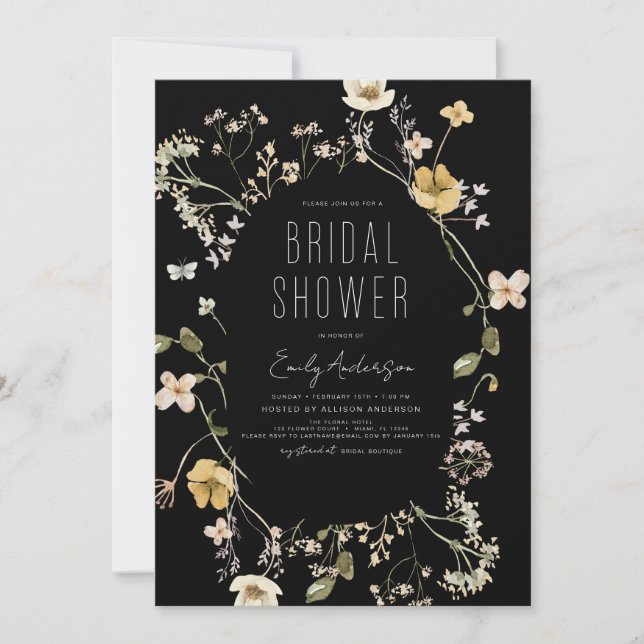 Black Boho Wildflower Bridal Shower Elegant Invitation (Front)