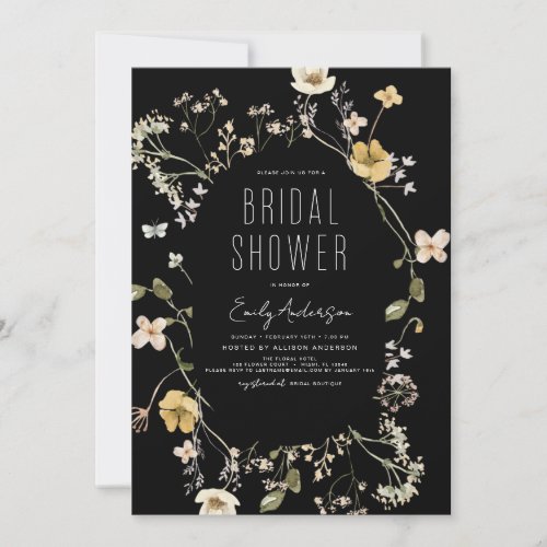 Black Boho Wildflower Bridal Shower Elegant Invitation