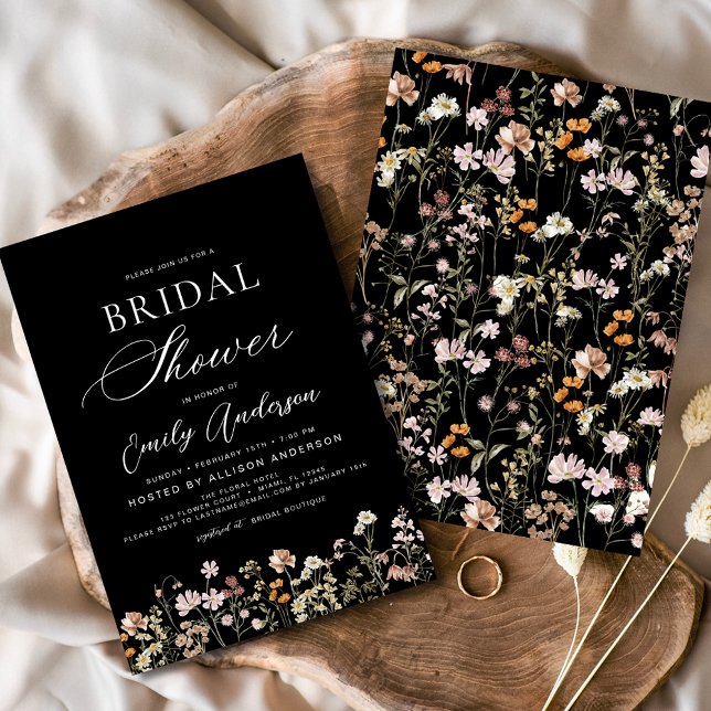 Black Boho Wildflower Bridal Shower  Invitation (Creator Uploaded)