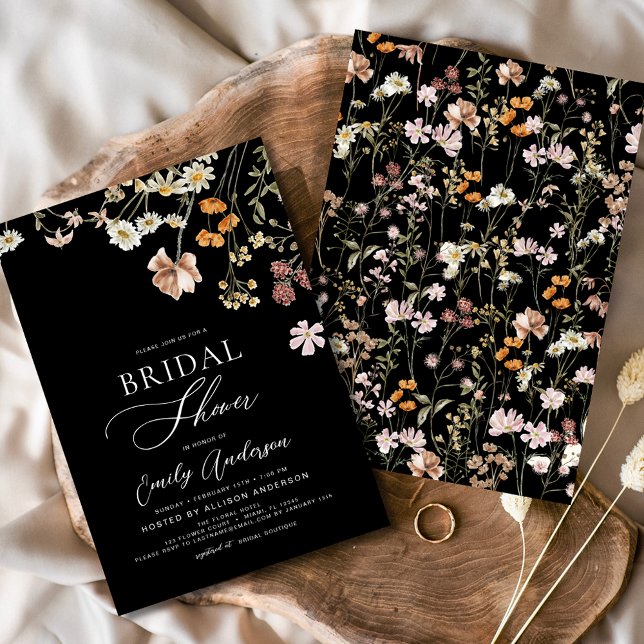 Black Boho Wildflower Bridal Shower Invitation (Creator Uploaded)