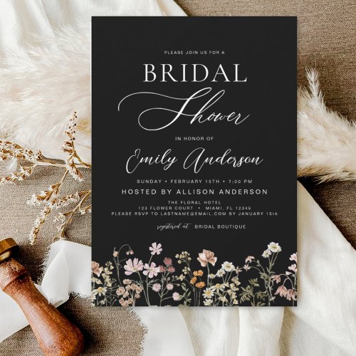 Black Boho Wildflower Bridal Shower Invitation