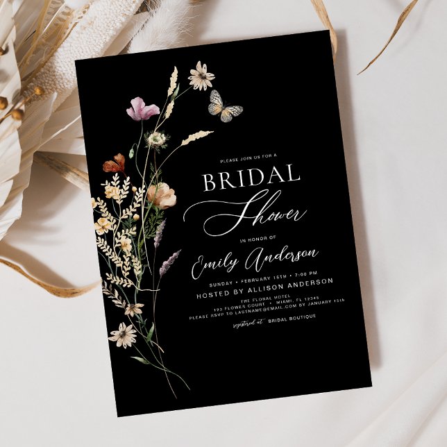 Black Boho Wildflower Bridal Shower Script Invitation (Creator Uploaded)
