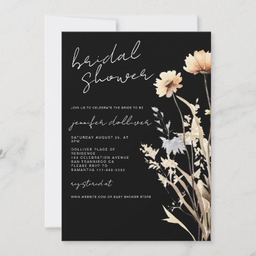 Black Boho Wildflower Chic Bridal Shower Invitation