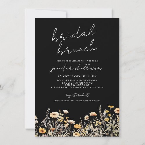 Black Boho Wildflower Elegant Bridal Shower Brunch Invitation
