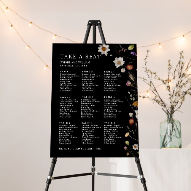 Black Boho Wildflower Nine 9 Table Seating Chart  Foam Board (In Situ (Stand))