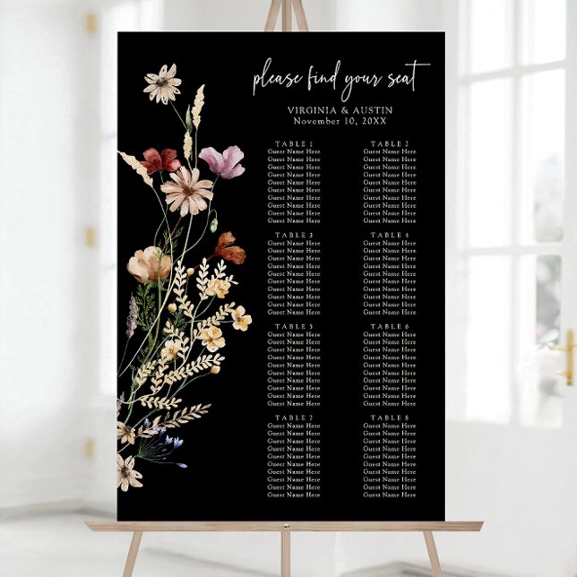 Black Boho Wildflower Seating Chart Foam Board (Black Boho Watercolor Wildflower Seating Chart Foam Board by Painted Paperie
)