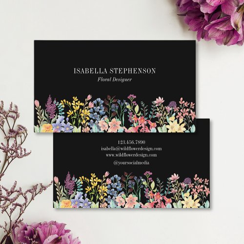 Black Boho Wildflower Watercolor Floral Business Card