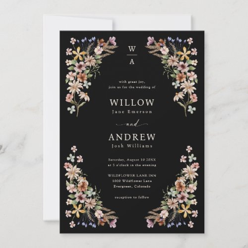 Black Boho Wildflower Wedding Invitation