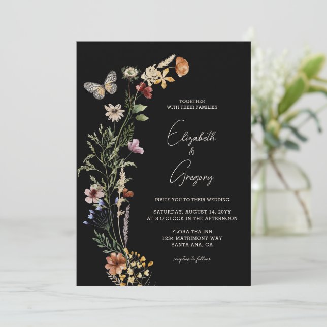 Black Boho Wildflower Wedding Invitation (Standing Front)