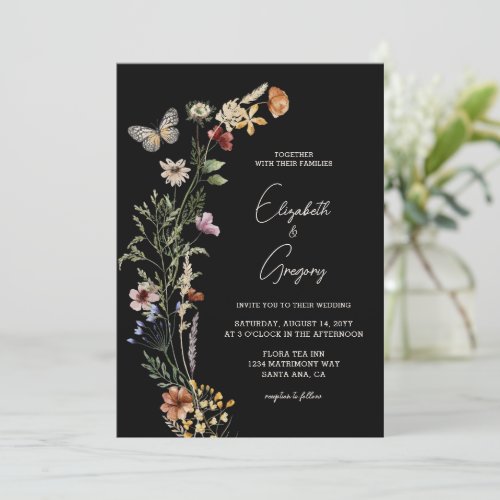 Black Boho Wildflower Wedding Invitation