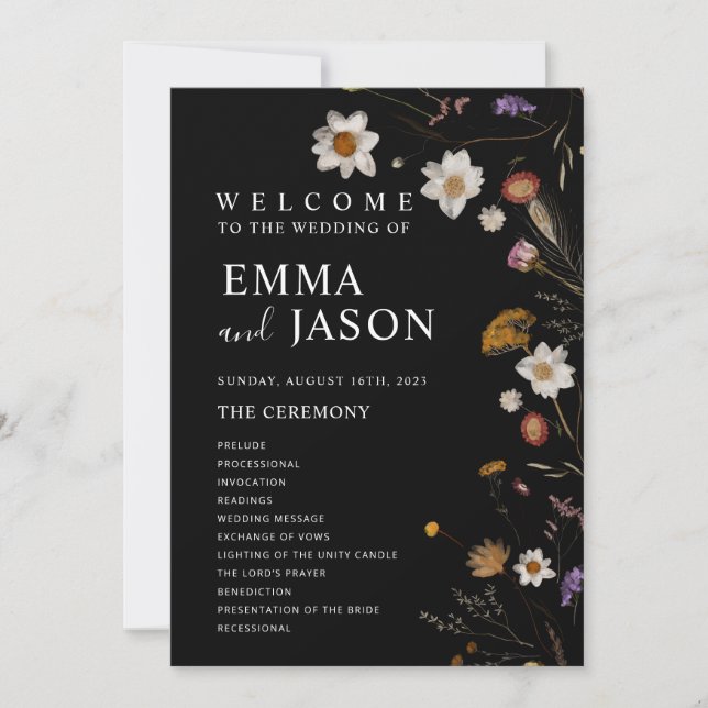 Black Boho Wildflower Wedding Program (Front)