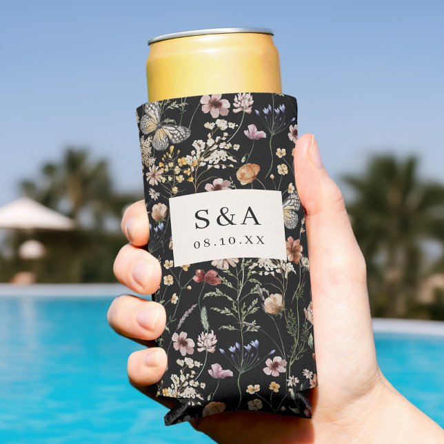 Black Boho Wildflower Wedding Seltzer Can Cooler (Moody Black Boho Wildflower Wedding Seltzer Can Cooler Monogrammed by Painted Paperie
)
