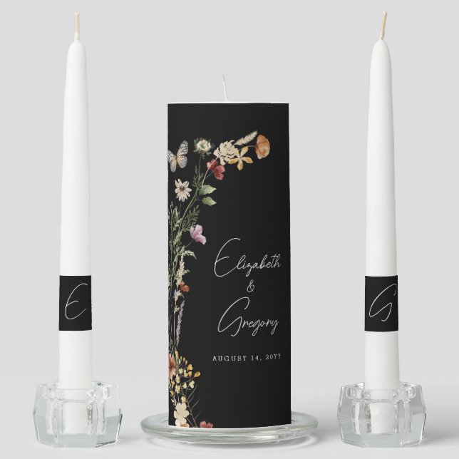 Black Boho Wildflower Wedding Unity Candle Set (Front)