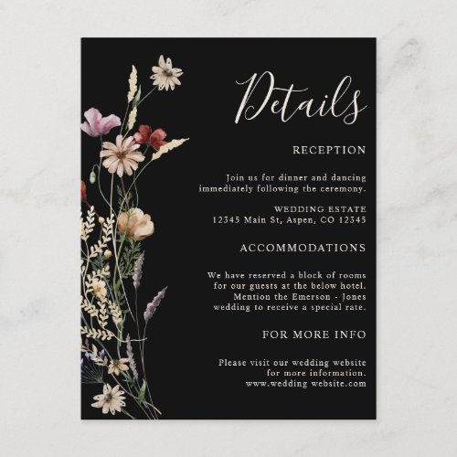 Black Boho Wildflowers Wedding Enclosure Card