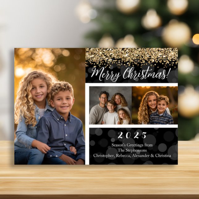 Black Bokeh Gold Glitter 3-Photo Merry Christmas Holiday Card (Black Bokeh Gold Glitter 3-Photo Merry Christmas Holiday Card)