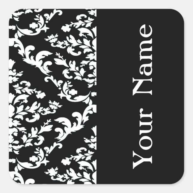 Black Bold Damask at Emporiomoffa with name Square Sticker (Front)
